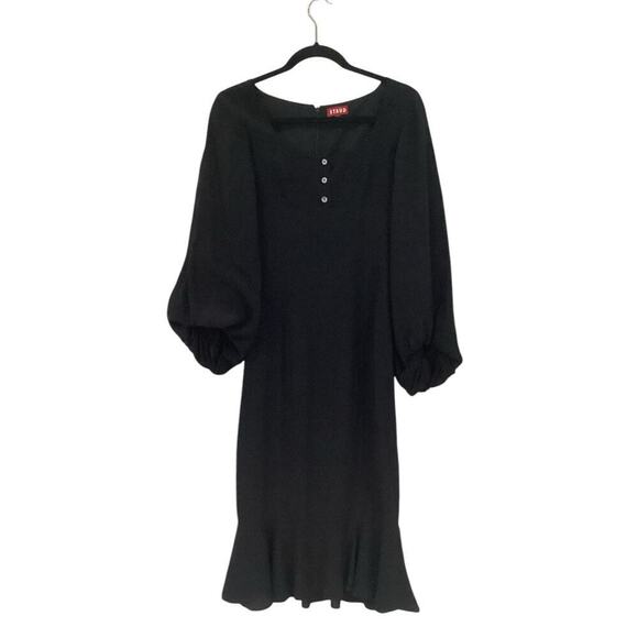 Staud Lara Midi Dress In Black Crepe Balloon Sleeves Ruffled Hemline Size 2 - Picture 3 of 13